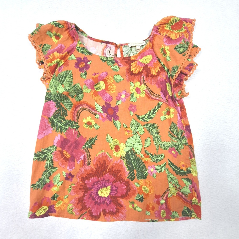 Cynthia Rowley Top Womens Small Orange Floral Flutter‎ Sleeve Boho Crochet Trim